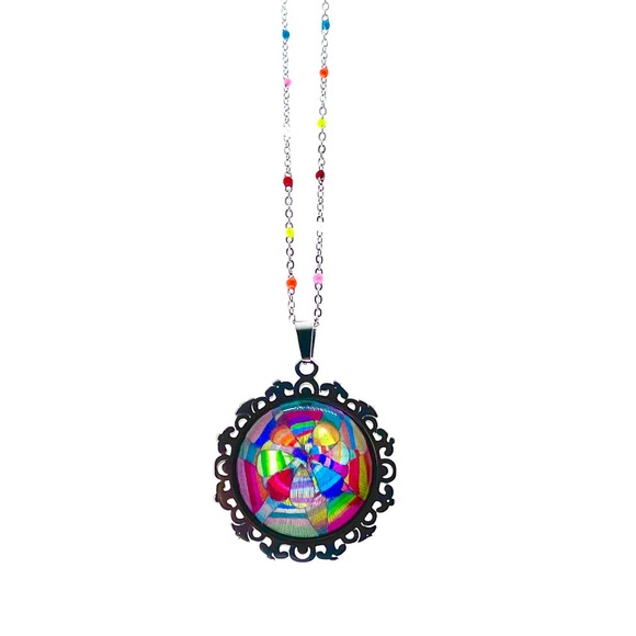 Patchwork Flower Fancy Rainbow Chain Necklace - Picture 4 of 6